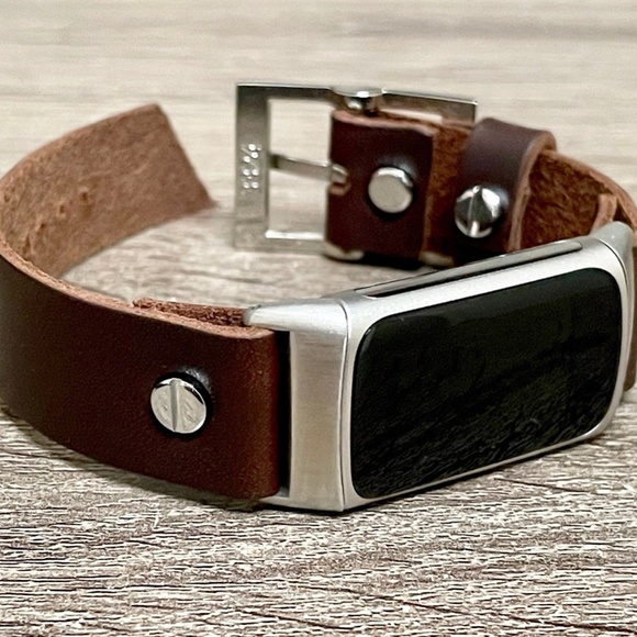Dark Brown Leather Silver Fitbit Charge 5 Band Women Strap Bracelet - Picture 7 of 8
